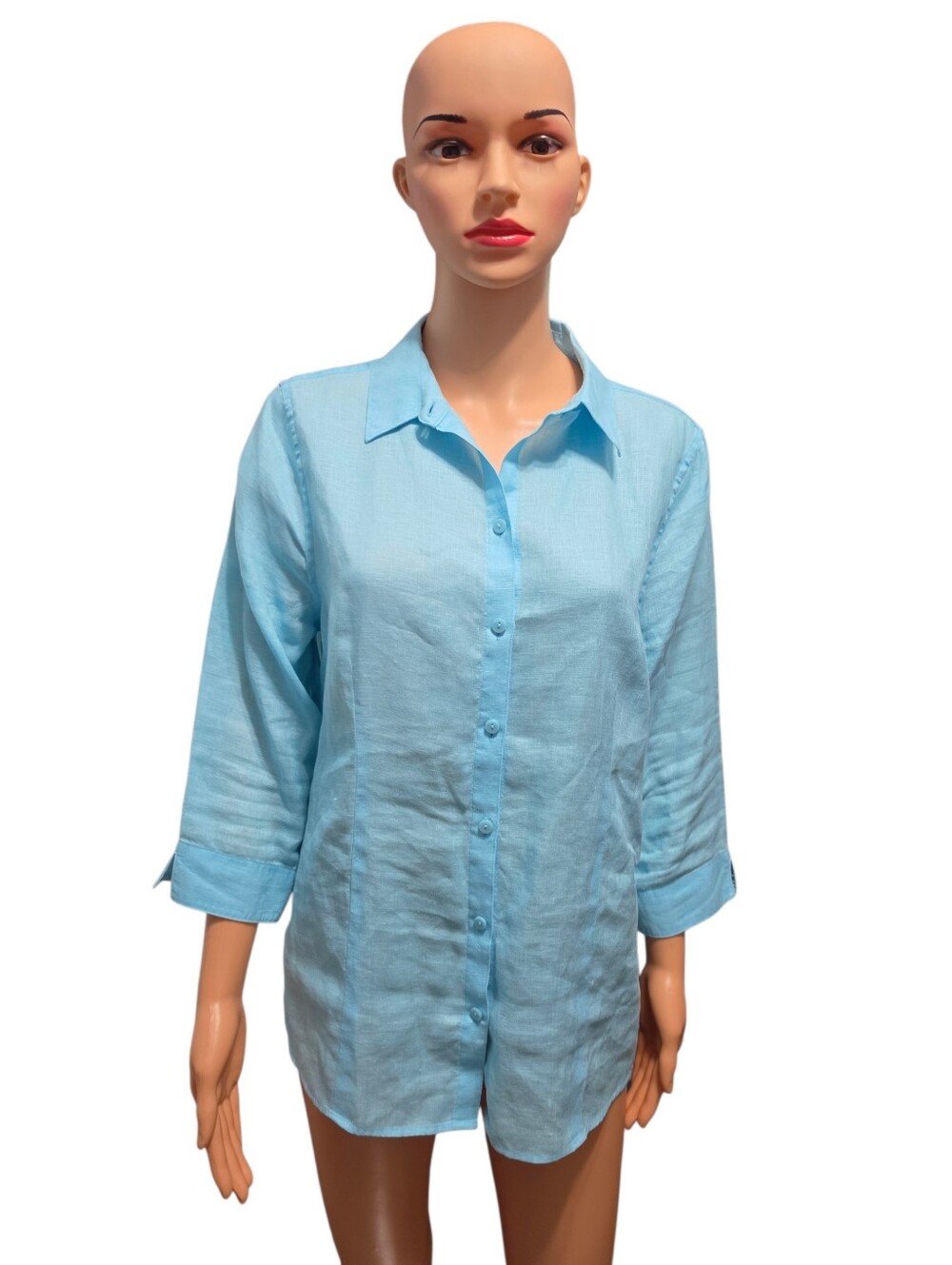 Chico's No-Iron Linen Minimalist Aqua Blue Button Up Lagenlook Coastal Shirt M